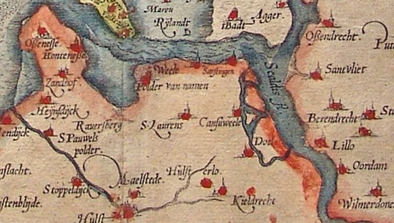 Land van Saeftinghe in 1580. Detail uit het Zelandicarum van Deventer. | © Jacob van Deventer