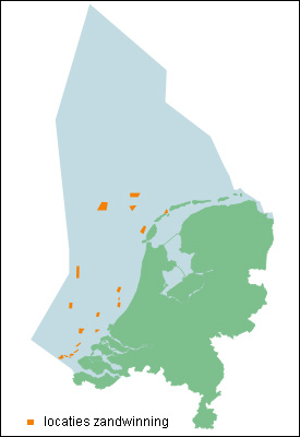 Locaties voor zandwinning op de Noordzee (2000) | © Ecomare, Gerbrand Gaaff, naar: beheersvisie Noordzee 2010