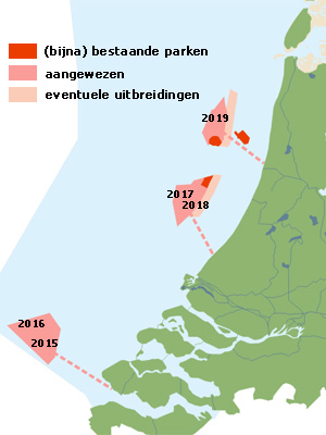 Nederlandse windparken op de Noordzee | © Ecomare, naar gegevens minsiterie I&M